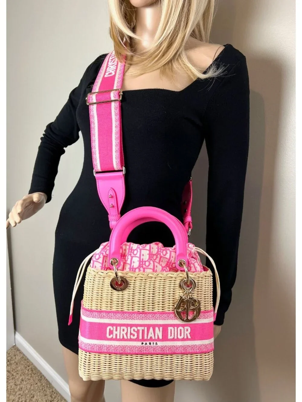 Christian Wicker Oblique Fluorescent Pink Medium Lady Bag
